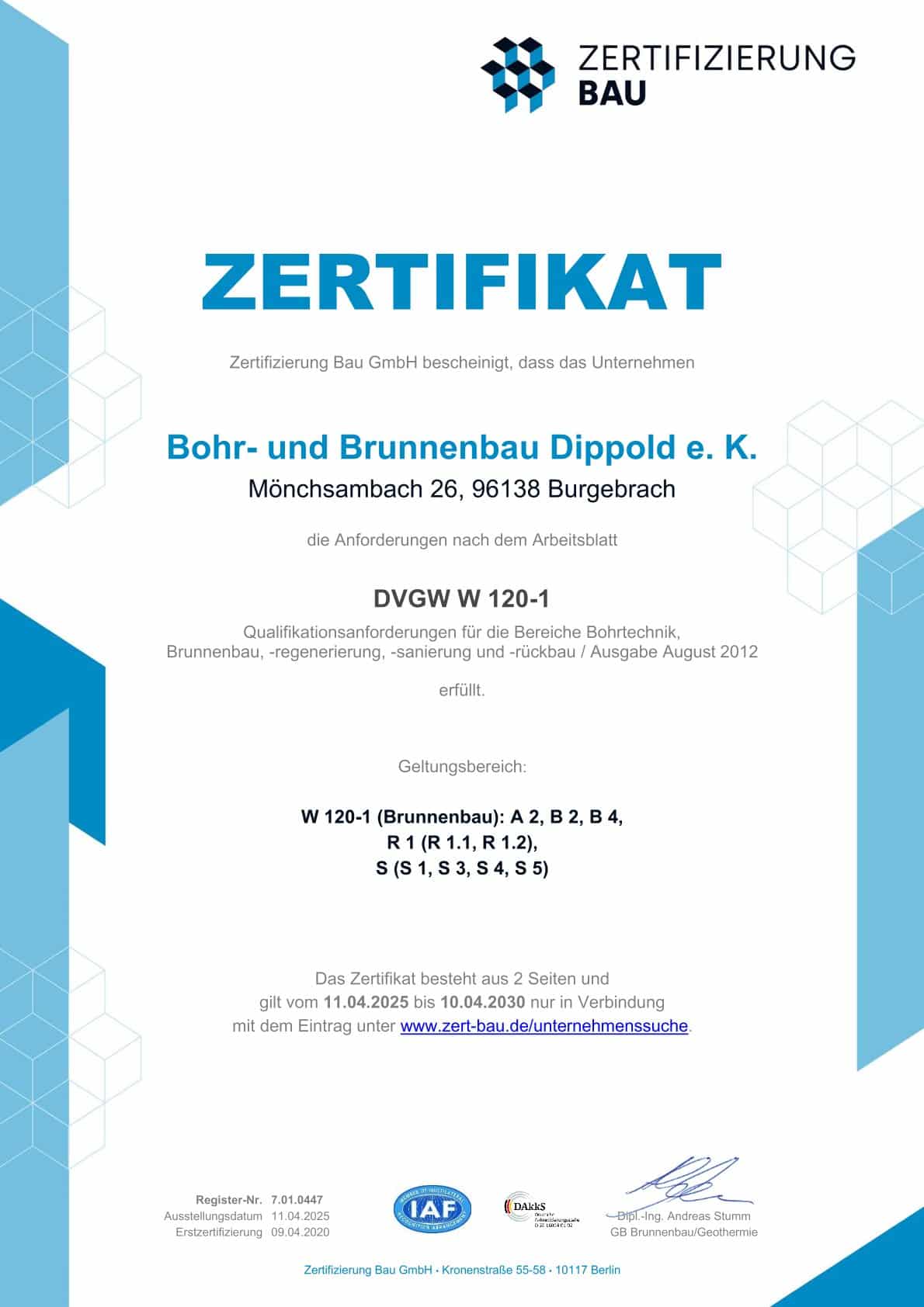 Zertifikat für Bohr- und Brunnenbau Dippold e. K.