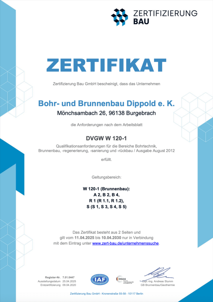 Zertifikat für Bohr- und Brunnenbau Dippold.