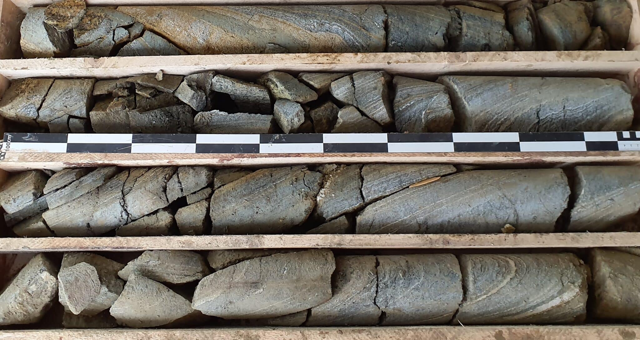 Steinkerne in Holzkiste mit Maßstab