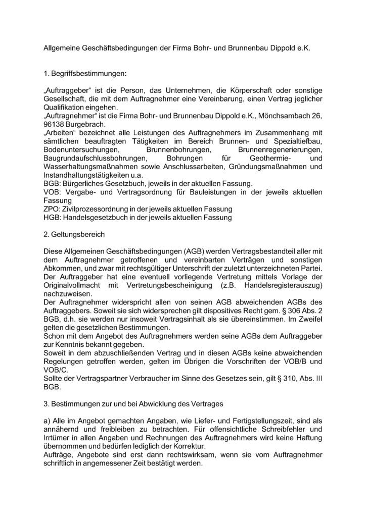 AGB der Firma Bohr- und Brunnenbau Dippold