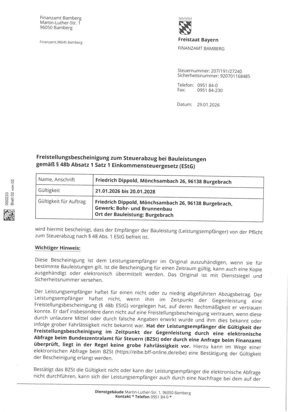 Freistellungsbescheinigung Steuerabzug Bauleistungen Finanzamt Bamberg