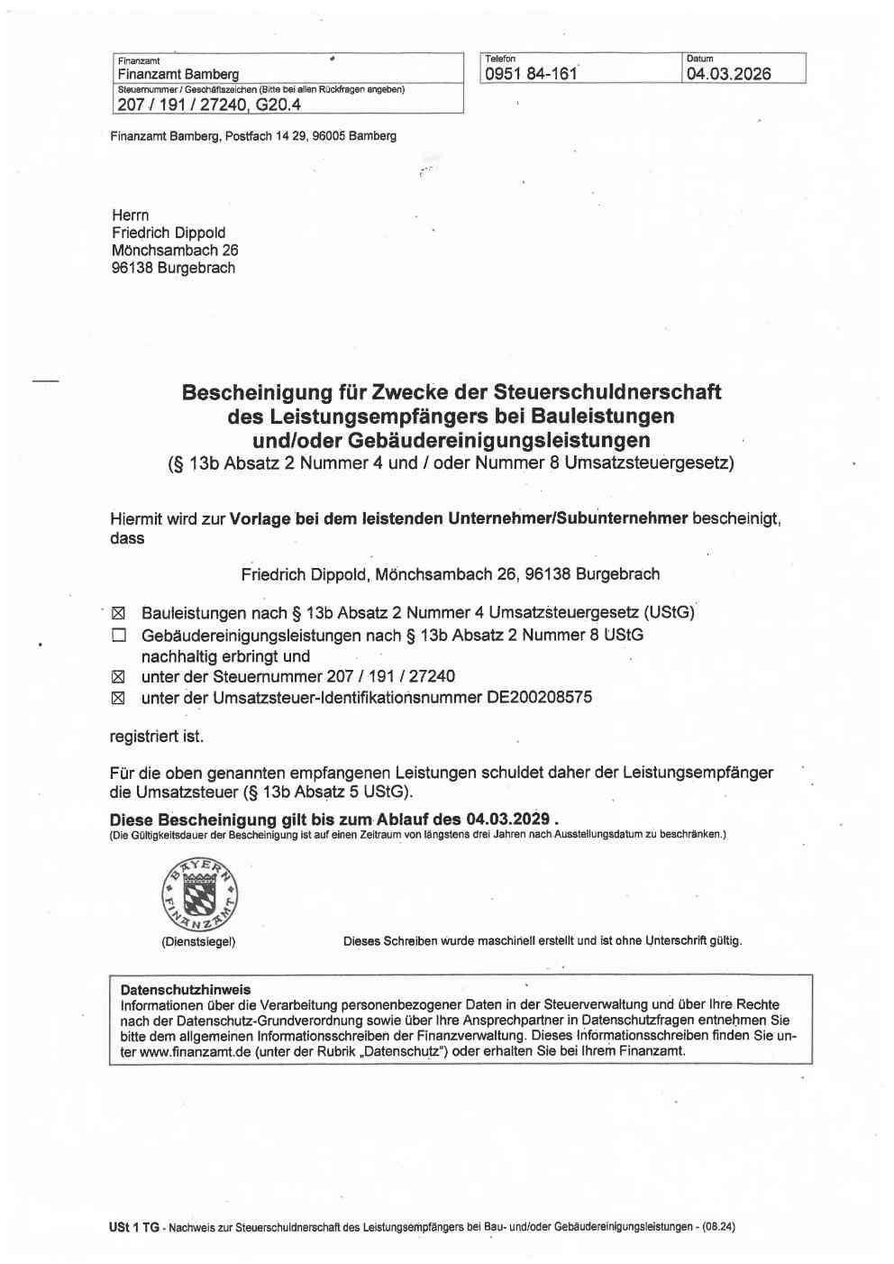 Steuerschulden Bescheinigung für Bauleistungen und Gebäudereinigung.