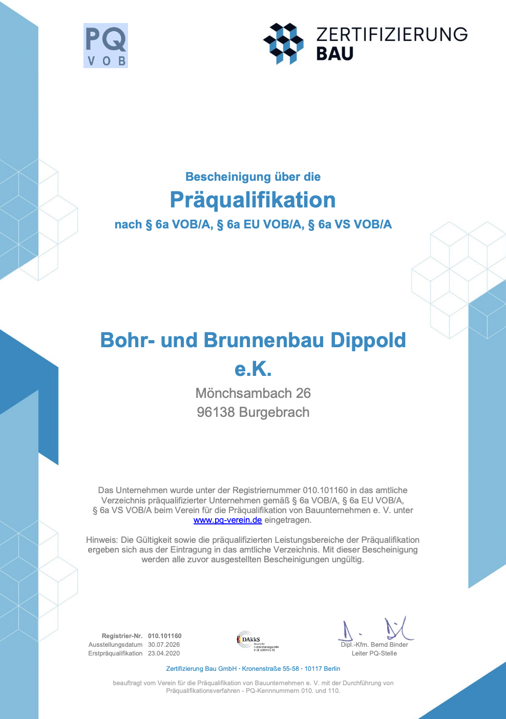 Präqualifikationsbescheinigung für Bohr- und Brunnenbau Dippold e.K.